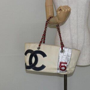 CHANEL Choco Bar Chain Tote Bag No5 Canvas White Silver CC Auth 146353
